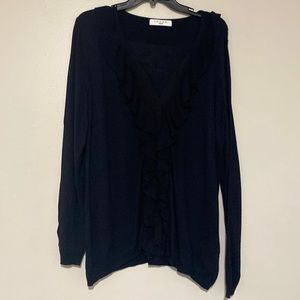 Tahari Navy Blue Frill Snap Button V-Neck Cardigan - Size 2X